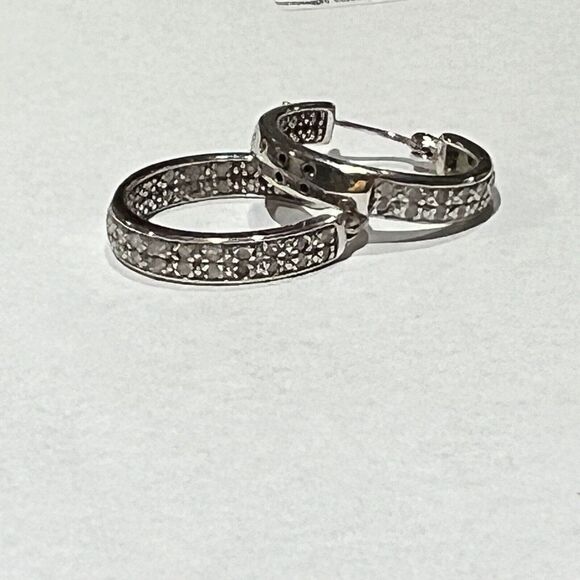 DBJ Natural Diamond Mini 22mm Hoop Earrings 925 Sterling Silver - Picture 2 of 9